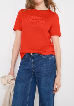 Cecil Kurzarmshirt CECIL, Damen, Gr. XXL (46), cherry tomato orange, Jersey, Obermaterial: 50% Baumwolle, 50% Modal, bedruckt, normal h&uuml;ftbedeckend, Rundhal