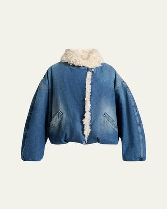 Isabel Marant Charone Short Denim Jacket with Faux Fur Trim
