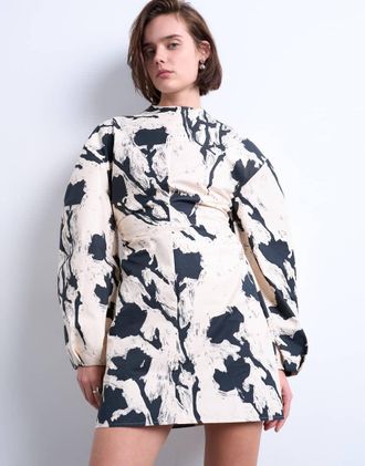 Topshop Vestito corto stretto in vita con maniche a palloncino e stampa a fiori monocromatica-Multicolore