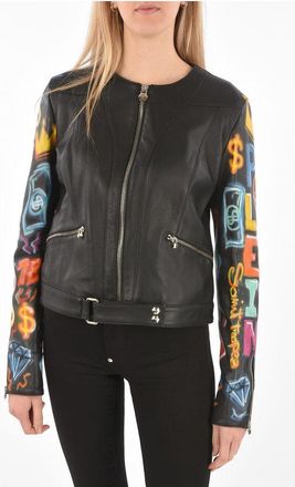 Philipp Plein COUTURE Leather Jacket GRAFFITI with Printed Sleeves size Xl