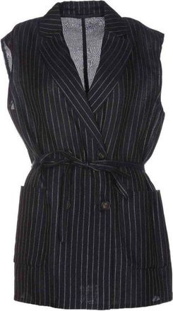 Brunello Cucinelli Blue Silver Pinstripe Sleeveless Jacket With Belt, Brand Size 44 (US Size 10)