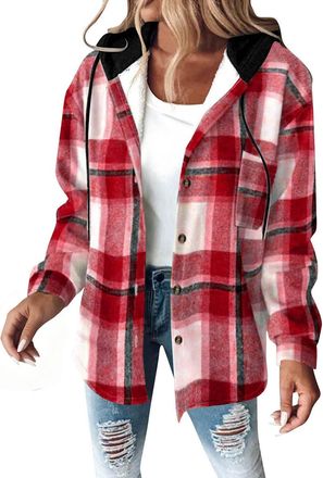 Generic Womens Winter Jacket Flannel Hoodies Coat Sherpa Chunky Shacket Softshell Button Checked Jackets Buffalo Plaid Sweatshirts Vintage Fleece Hooded Soft 