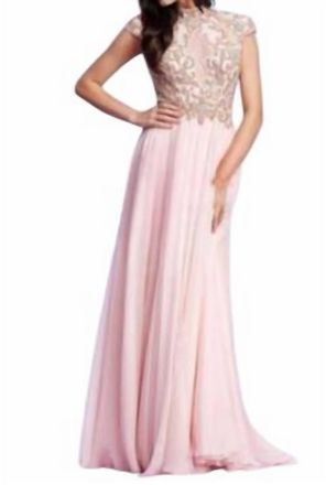 Mac Duggal Cap Sleeve Beaded Gown In Blush/gold