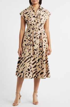 Julia Jordan Abstract Animal Print Stretch Cotton Midi Shirtdress in Brown Multi at Nordstrom, Size 10