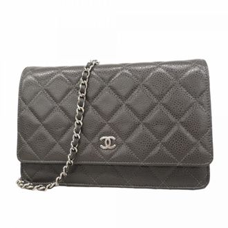 Chanel Gray Grained Calfskin Chain/Shoulder Wallet (Pre-Owned)