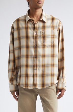 Ami Ami de Coeur Embroidered Boxy Plaid Button-Up Shirt in Taupe Beige/caramel at Nordstrom, Size 40
