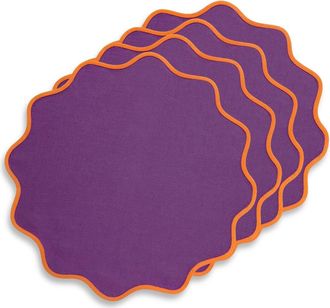 Solino Home Linen Placemats Set of 4, 16 Inch Round for Dining Table, Holiday and Everyday Table Decor - Giselle Scallop Edge in Persimmon Orange And