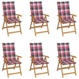 vidaXL Sedie Giardino 6 Pz Con Cuscini Rossi A Quadri Massello Di Teak Vidaxl