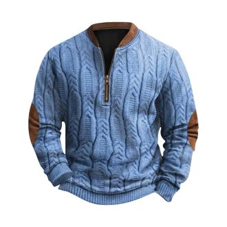 Generic Mens Plain Long Sleeve Fleece Pull-Over Mens Casual Fashion Retro Woven Pattern Printed Zipper Long Sleeved Sweatshirt Fashion Workwear for Outdoor Ru