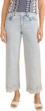 FDJ Embroidered Pull On Wide Leg Jeans In Light Wash