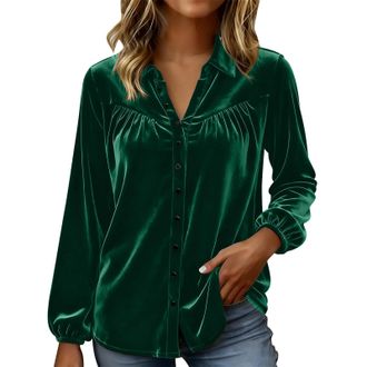 Generic Velvet Tops for Women UK Long Sleeve Button Down Shirts and Blouses Elegant Smart Ladies Velvet Shirt Spring Clothes (S,Green)