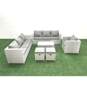 Fimous Wicker pe Rattan Sofa Garden Furniture Set with Armchair Oblong Coffee Table 2 Small Footstools Light Grey Mixed - Fimous