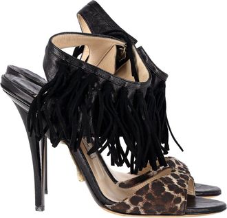 Jimmy Choo London Leopard-Print Fringe Sandals in Black Leather