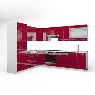 Vicco Cucina angolare completa Fame-Line, Bordeaux lucido/bianco, 227 x 60 cm senza piano di lavoro