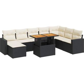 vidaXL Set De Sof&aacute;s De Jard&iacute;n Con Cojines 9 Pzas Rat&aacute;n Sint&eacute;tico Negro Vidaxl