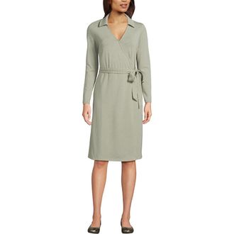 Lands End Cotton Modal Collared Wrap Dress in Sage Thin Stripe at Nordstrom, Size X-Small P
