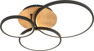 QAZQA Moderno Plaf&oacute;n Negro Con Madera Incl. Led Regulable 3 Pasos 3 Luces - Alec Acero /aluminio / Redonda Incluye Led Max. 3 X 40 Watt - Qazqa