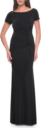La Femme Long Jersey Evening Dress with Rhinestone Details in Black at Nordstrom, Size 20