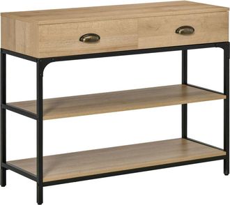 HOMCOM Mesa consola mesa de entrada con 2 cajones y 2 estantes de almacenamiento marco de acero mueble recibidor para pasillo pal&oacute;n 100x35x79,2 cm