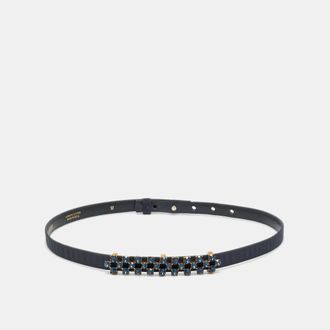 Oscar De La Renta Oscar De La Renta Navy Blue Satin Crystal Embellished Waist Belt