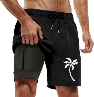 Generic Swimming Trunks Men Compression Shorts Mens Swim with Secure Zipper Pockets Zip 2 in 1 Running for Mens 2-in Liner Walking UK Anti-Chafing Beach 4-Way