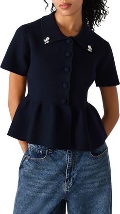 Steve Madden Roxanna Jewel Embellished Peplum Knit Top in Marine at Nordstrom, Size X-Small