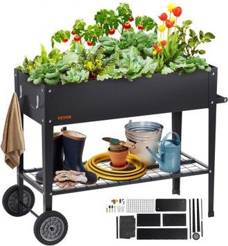 OEM Hochbeet Mit R&auml;dern Pflanzk&uuml;bel Blumenkasten Garten Pflanzkasten Terrassen Gem&uuml;sebeet Gartenbeet Pflanzbeet Schwarz 110x49,5x80cm Verzinktem Stahl Ide