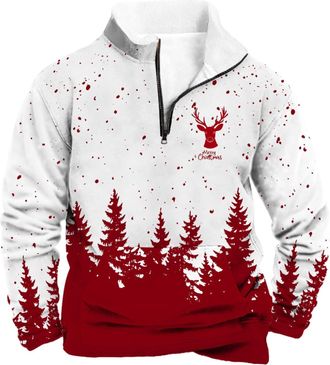 Generic Mens 1/4 Zip Christmas Jumper Xmas Tree Pullover Ugly Christmas Sweatshirt Long Sleeve Sweater Fleece Stand Collar Sweatshirts Reindeer Snowflakes Pri