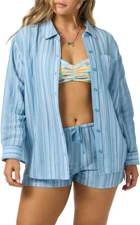 O'Neill Leni Waves Stripe Cotton Gauze Button-Up Shirt in Chambray Blue at Nordstrom, Size Xx-Large