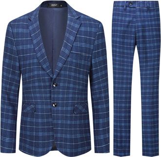 AlltheMen Mens Suit 2 Piece Plaid Tuxedo Checked Suit Single Breasted Slim Fit Two Buttons Business Wedding Blue XXL