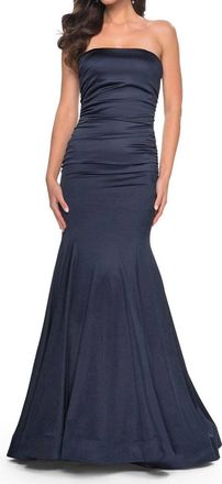 La Femme Strapless Satin Evening Prom Maxi Dress In Navy