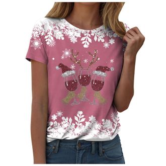 Generic Christmas Tops for Women Christmas Shirts UK Short Sleeve Casual Jumper Merry Santa Snowflake Print T-Shirts Loose Funny Xmas Tree Print Sweatshirt Tu