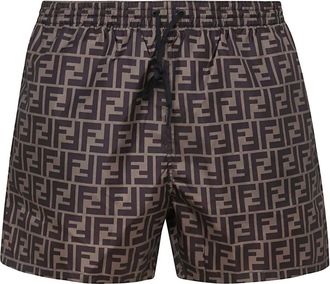 Fendi Zwembroek met trekkoord en monogram-print - Bruin