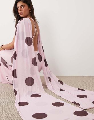 Asos Vestito lungo in rete rosa e marrone a pois con drappeggio stile foulard-Multi
