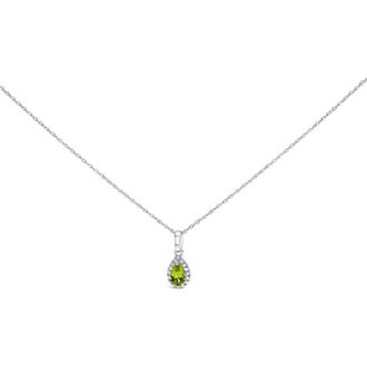House of Brilliance 10K White Gold 5x3mm Gemstone and Diamond Accent Halo Pear Shape 18 Pendant Necklace in Green Peridot | White at Nordstrom