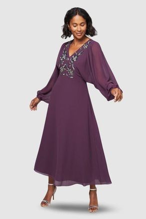 Wallis Embellished Balloon Sleeve Midi Dress in Plum at Nordstrom, Size 12