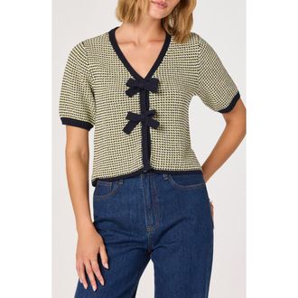 ASTR the Label Bow Short Sleeve Cardigan in Navy Yellow Chevron at Nordstrom Rack, Size X-Small