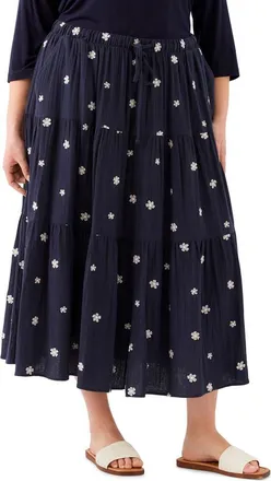 Karen Kane Floral Embroidered Tiered Cotton Midi Skirt in Navy at Nordstrom, Size 3X