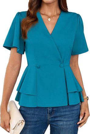 Grace Karin Black Blouses for Women UK Summer Elegant V Neck Ruffle Evening Tops Party Wedding Tunic Tops Shirts S Blue Green-4
