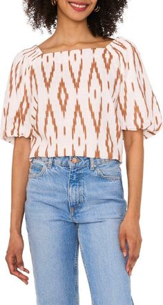 Vince Camuto Ikat Print Square Neck Top in Argan Oil at Nordstrom, Size Medium