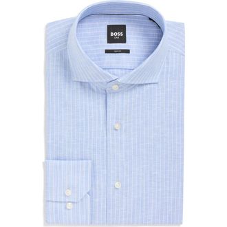 BOSS Hank Slim Fit Plaid Linen & Cotton Shirt in Light/Pastel Blue at Nordstrom, Size 15.5