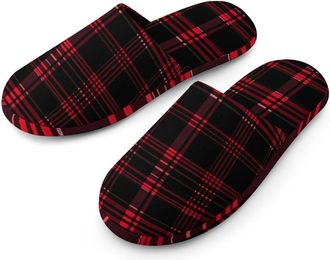 Generic Buffalo Scottish Tartan Plaid Checkered Red Mens Slippers Flannel Warm House Shoes with Rubber Anti-Slip Sole Slip On for Home Outdoor