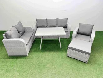 Fimous Patio Dining Table & Chairs Set with Reclining Chair Big Stool in Light Grey