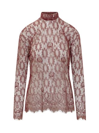 Dolce & Gabbana Red Lace Mock Collar Top
