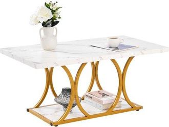 OEM Mesa Auxiliar Moderna De Dos Niveles, Rectangular, Con Aspecto De M&aacute;rmol, Estructura Met&aacute;lica, Patas Geom&eacute;tricas Y Capacidad De Carga De 95 Kg, Para S