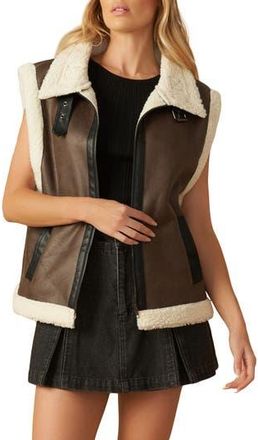 Flying Tomato Faux Shearling Trim Faux Leather Vest in Brown at Nordstrom Rack, Size Medium