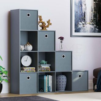 Home Discount Home Discount - Durham 10 Cube Bookcase Staircase Shelf Wooden Display Storage Rack Free Standing Shelf Unit, Grey-5-Grey-Baskets