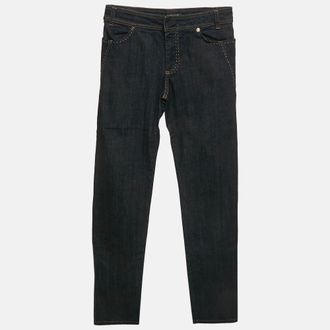 Roberto Cavalli Navy Blue Denim Embroidered Straight Leg Jeans S Waist