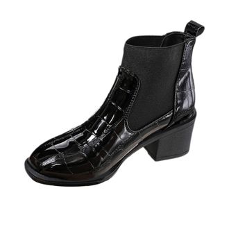 Generic Womens Chunky Heel Chelsea Ankle Boots Slip on Elastic Ladies Low Heel Booties Shoes Patent Leather Waterproof Boots (Black,7.5)