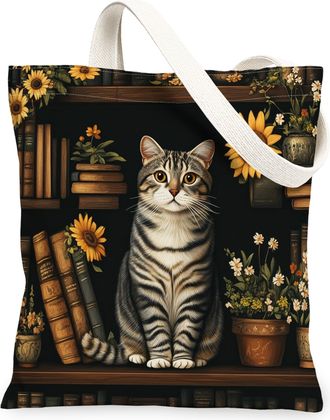 Generic Spring American Shorthair Cat Canvas Tote Bag for Shopping 13x15, Flower Bookshelf Kitten Reusable Grocery Print Bag for Women, Fun Pet Beach Aestheti